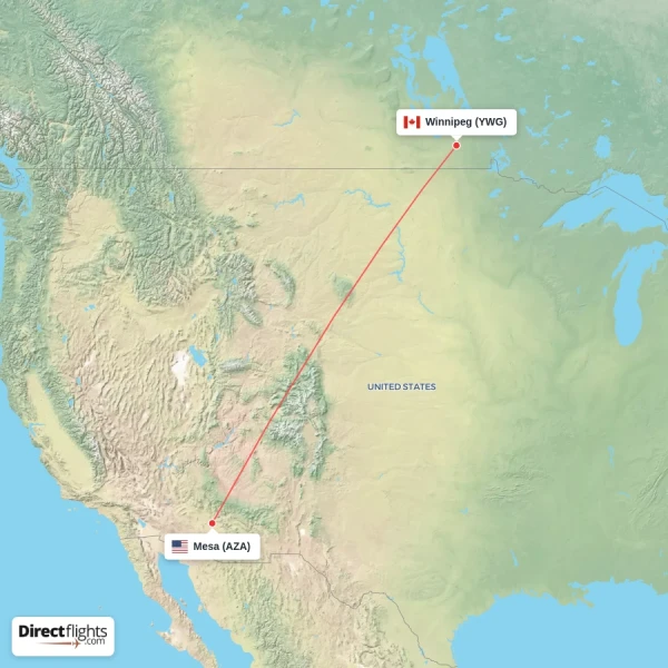 Winnipeg - Mesa direct flight map