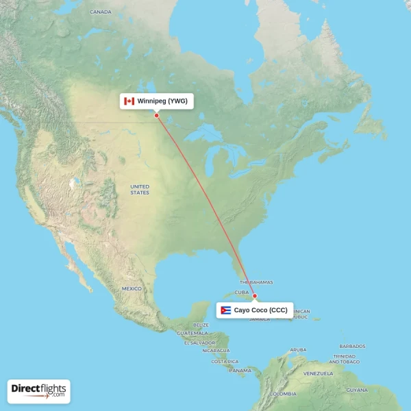 Winnipeg - Cayo Coco direct flight map