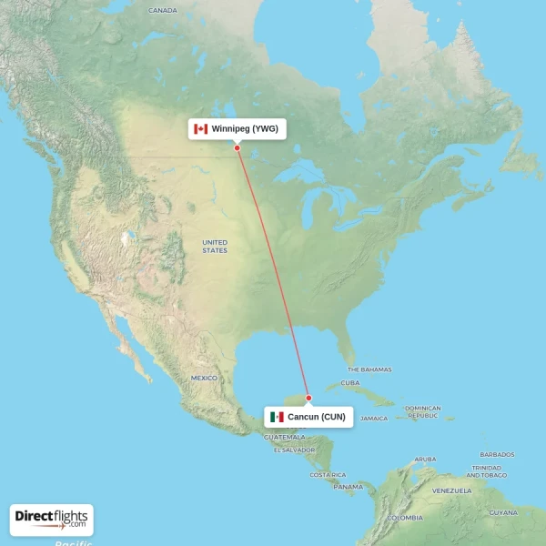 Winnipeg - Cancun direct flight map