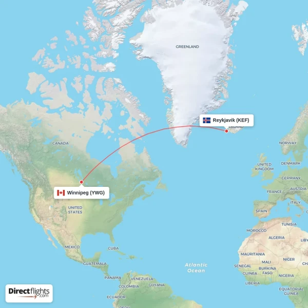 Winnipeg - Reykjavik direct flight map