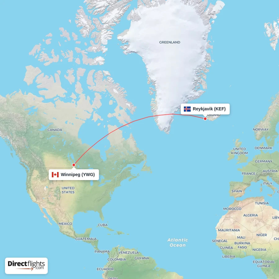 YWG - KEF route map