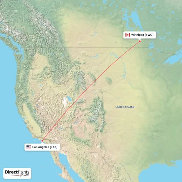 Winnipeg - Los Angeles direct flight map