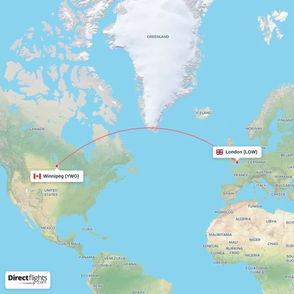 Winnipeg - London direct flight map