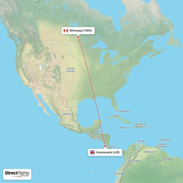 Winnipeg - Guanacaste direct flight map