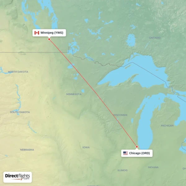 Winnipeg - Chicago direct flight map