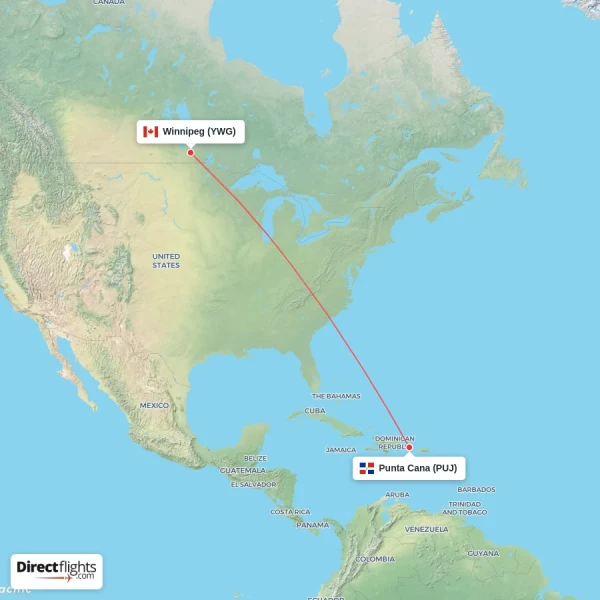 Winnipeg - Punta Cana direct flight map