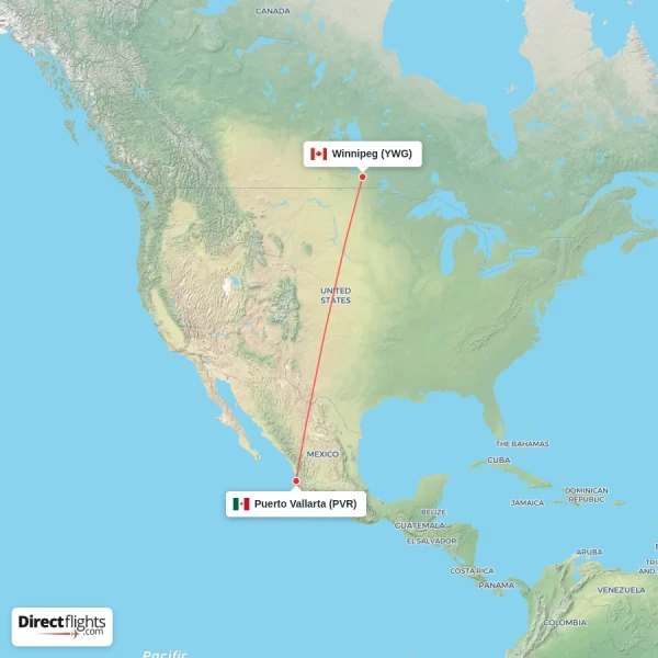 Winnipeg - Puerto Vallarta direct flight map