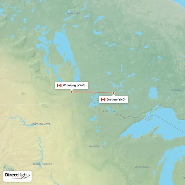 Winnipeg - Dryden direct flight map