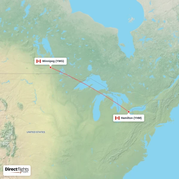 Winnipeg - Hamilton direct flight map