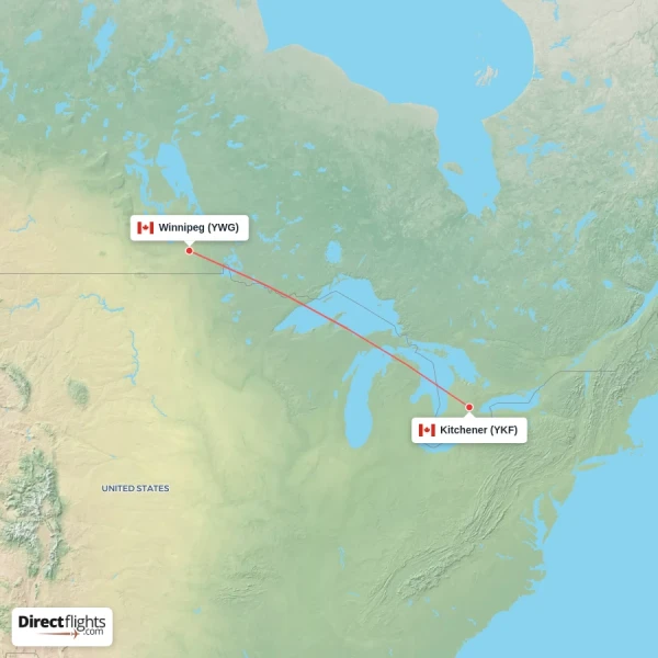Winnipeg - Kitchener direct flight map