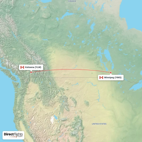 Winnipeg - Kelowna direct flight map