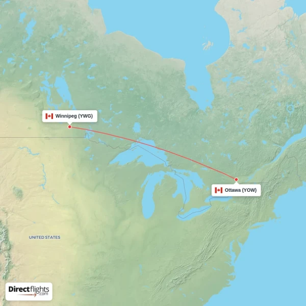 Winnipeg - Ottawa direct flight map