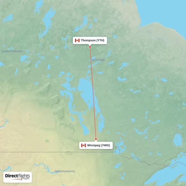 Winnipeg - Thompson direct flight map