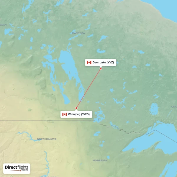 Winnipeg - Deer Lake direct flight map