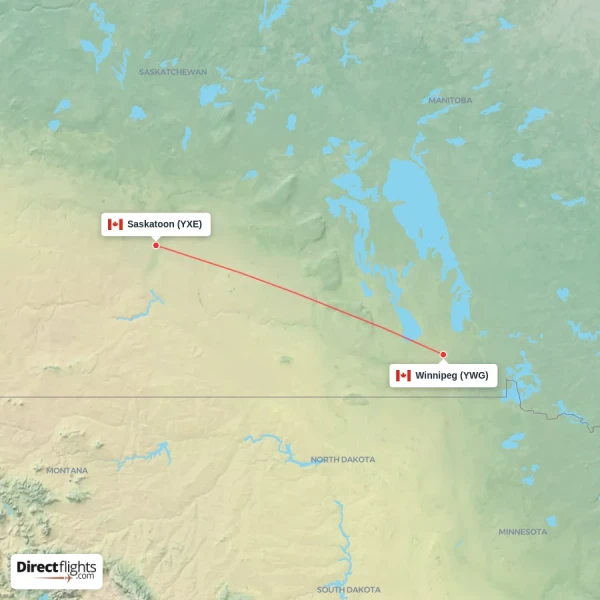 Winnipeg - Saskatoon direct flight map