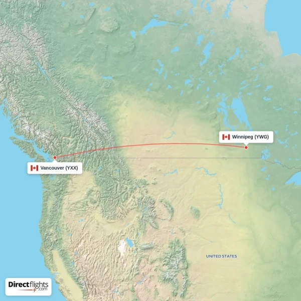 Winnipeg - Vancouver direct flight map