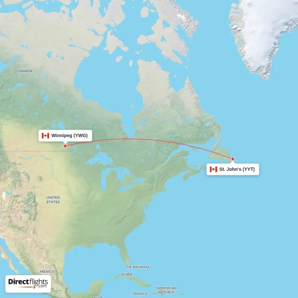 Winnipeg - St. John's direct flight map