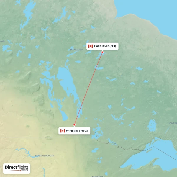 Winnipeg - Gods River direct flight map