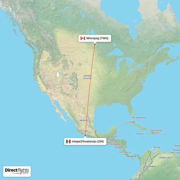 Winnipeg - Ixtapa/Zihuatanejo direct flight map
