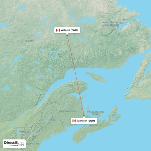 Wabush - Moncton direct flight map