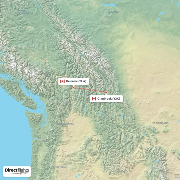 Cranbrook - Kelowna direct flight map