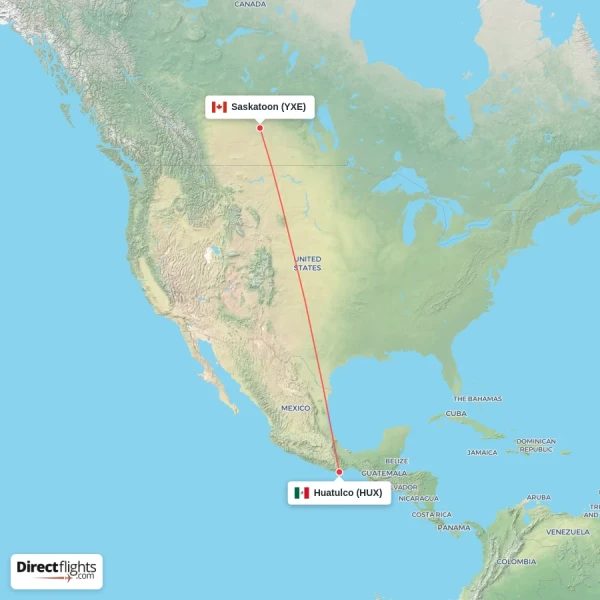 Saskatoon - Huatulco direct flight map