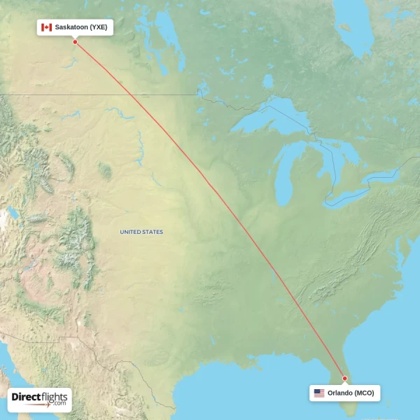 Saskatoon - Orlando direct flight map