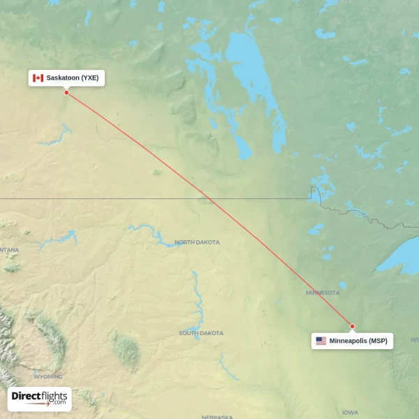 Saskatoon - Minneapolis direct flight map