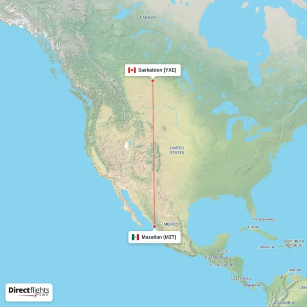 Saskatoon - Mazatlan direct flight map