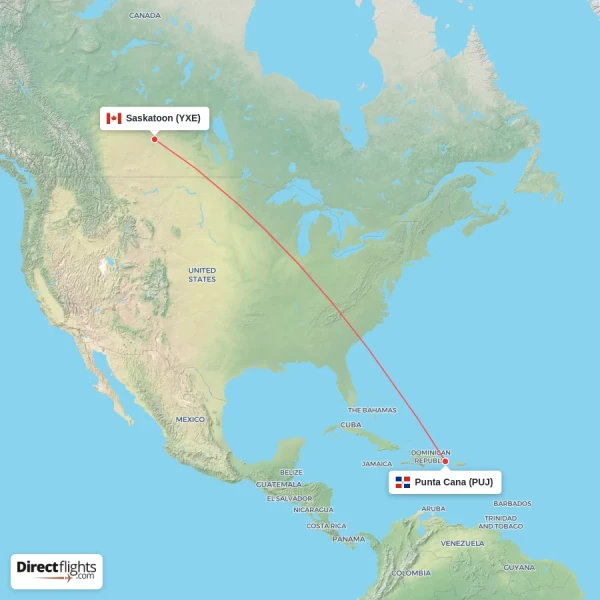 Saskatoon - Punta Cana direct flight map
