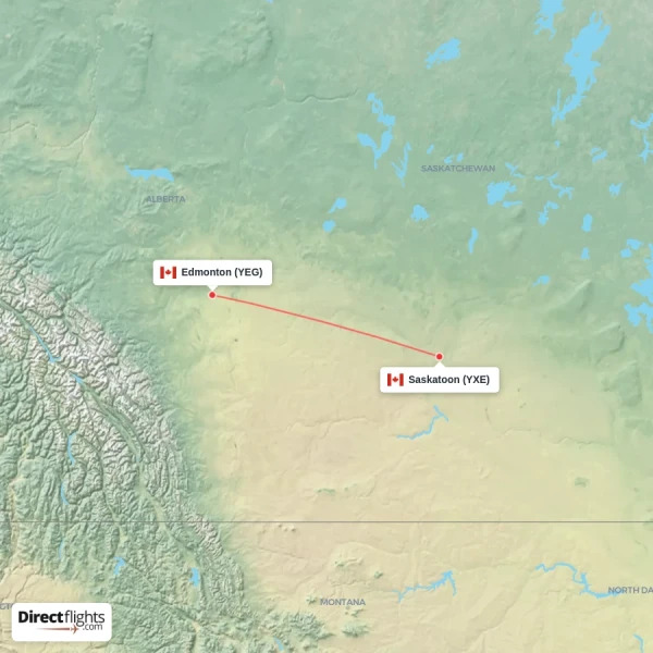 Saskatoon - Edmonton direct flight map