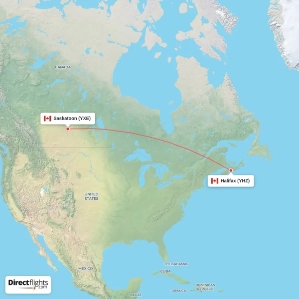 Saskatoon - Halifax direct flight map