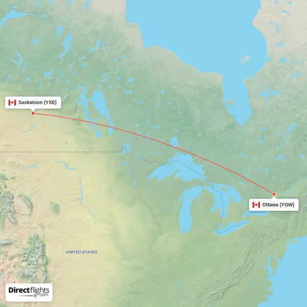 Saskatoon - Ottawa direct flight map
