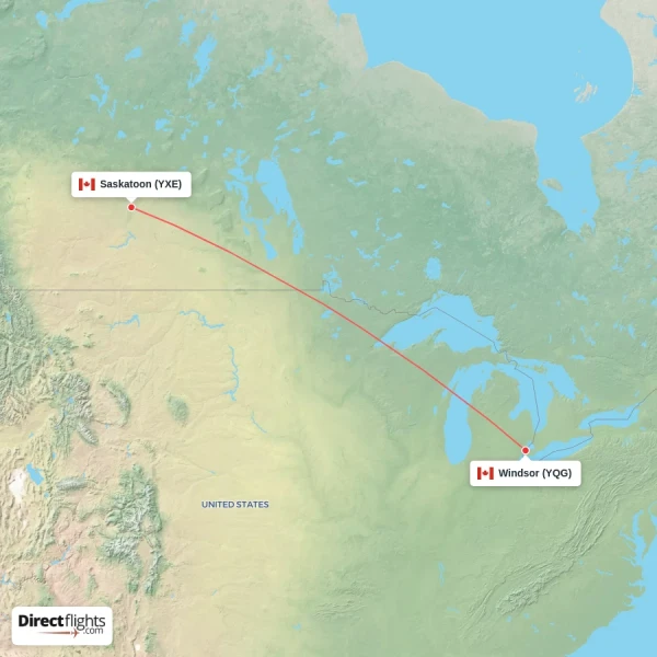 Saskatoon - Windsor direct flight map