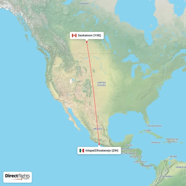 Saskatoon - Ixtapa/Zihuatanejo direct flight map