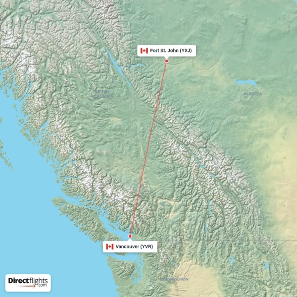 Fort St. John - Vancouver direct flight map