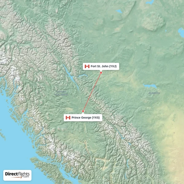 Fort St. John - Prince George direct flight map