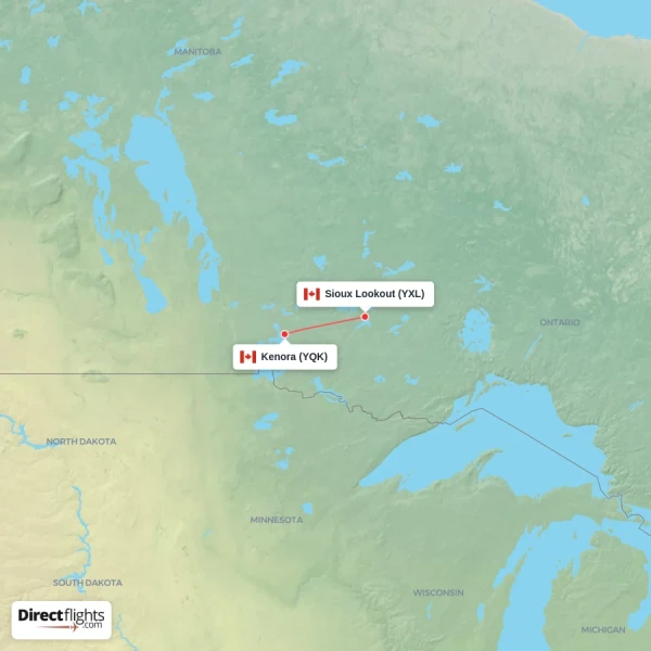 Sioux Lookout - Kenora direct flight map