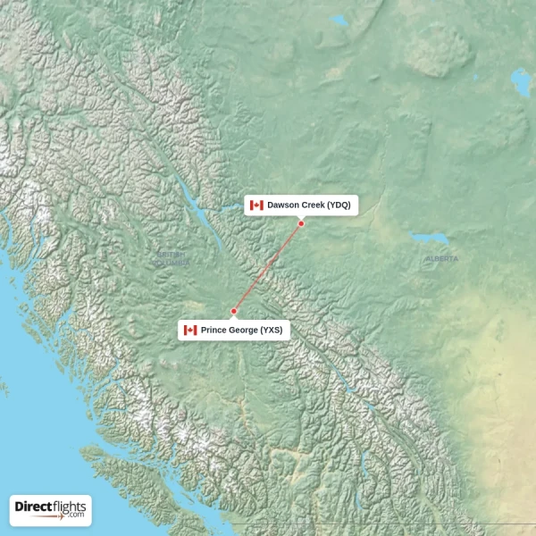 Prince George - Dawson Creek direct flight map