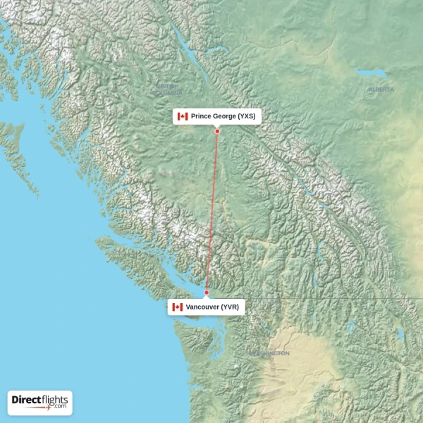 Prince George - Vancouver direct flight map