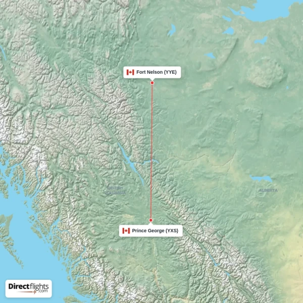 Prince George - Fort Nelson direct flight map