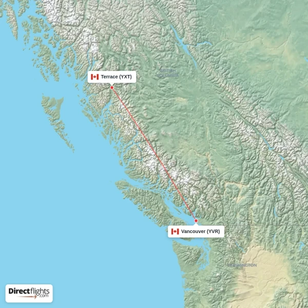 Terrace - Vancouver direct flight map
