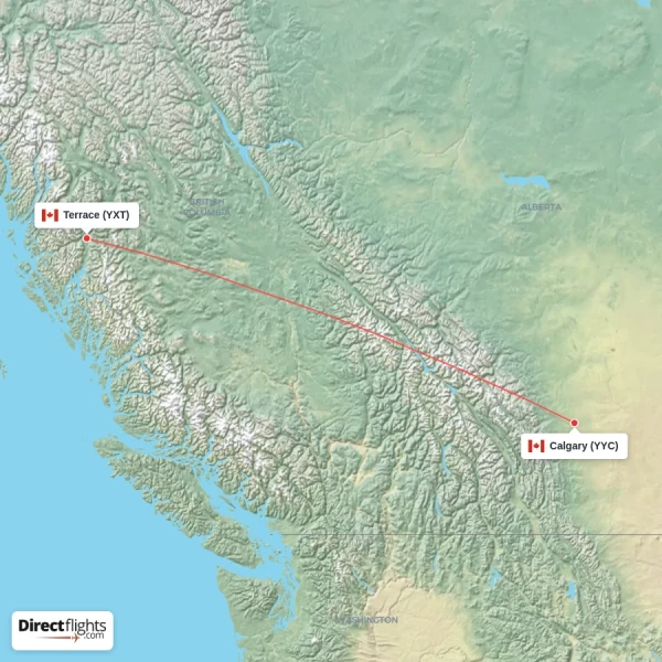 Terrace - Calgary direct flight map