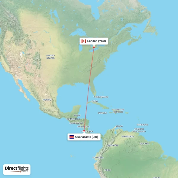 London - Guanacaste direct flight map