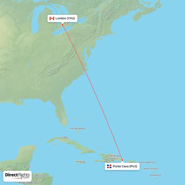 London - Punta Cana direct flight map