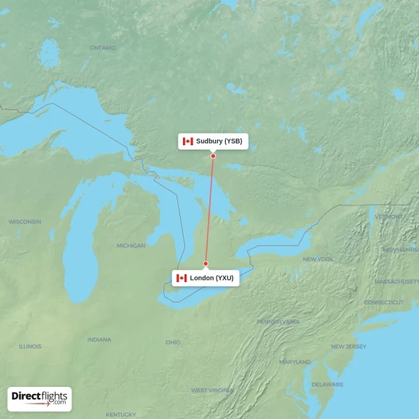London - Sudbury direct flight map