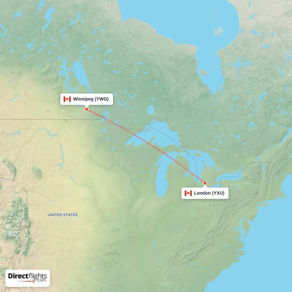 London - Winnipeg direct flight map