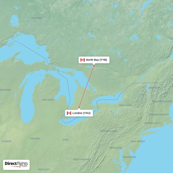 London - North Bay direct flight map