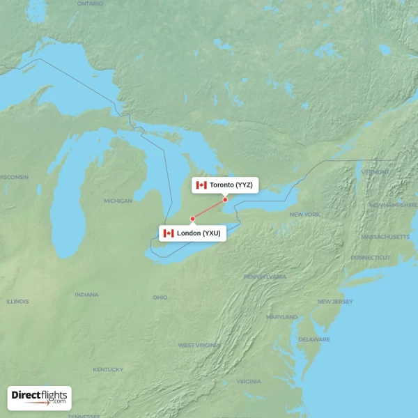London - Toronto direct flight map