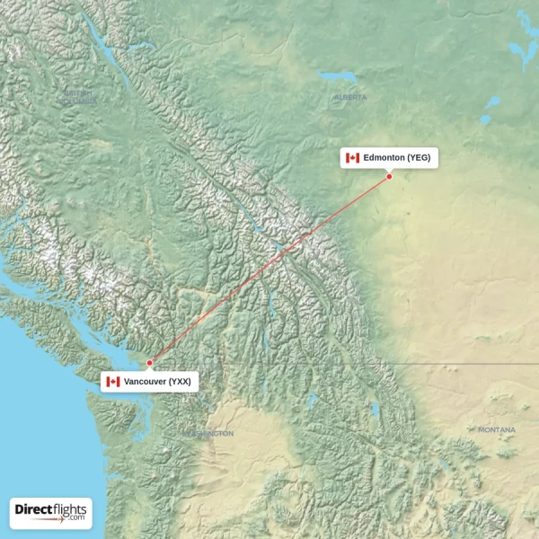 Vancouver - Edmonton direct flight map